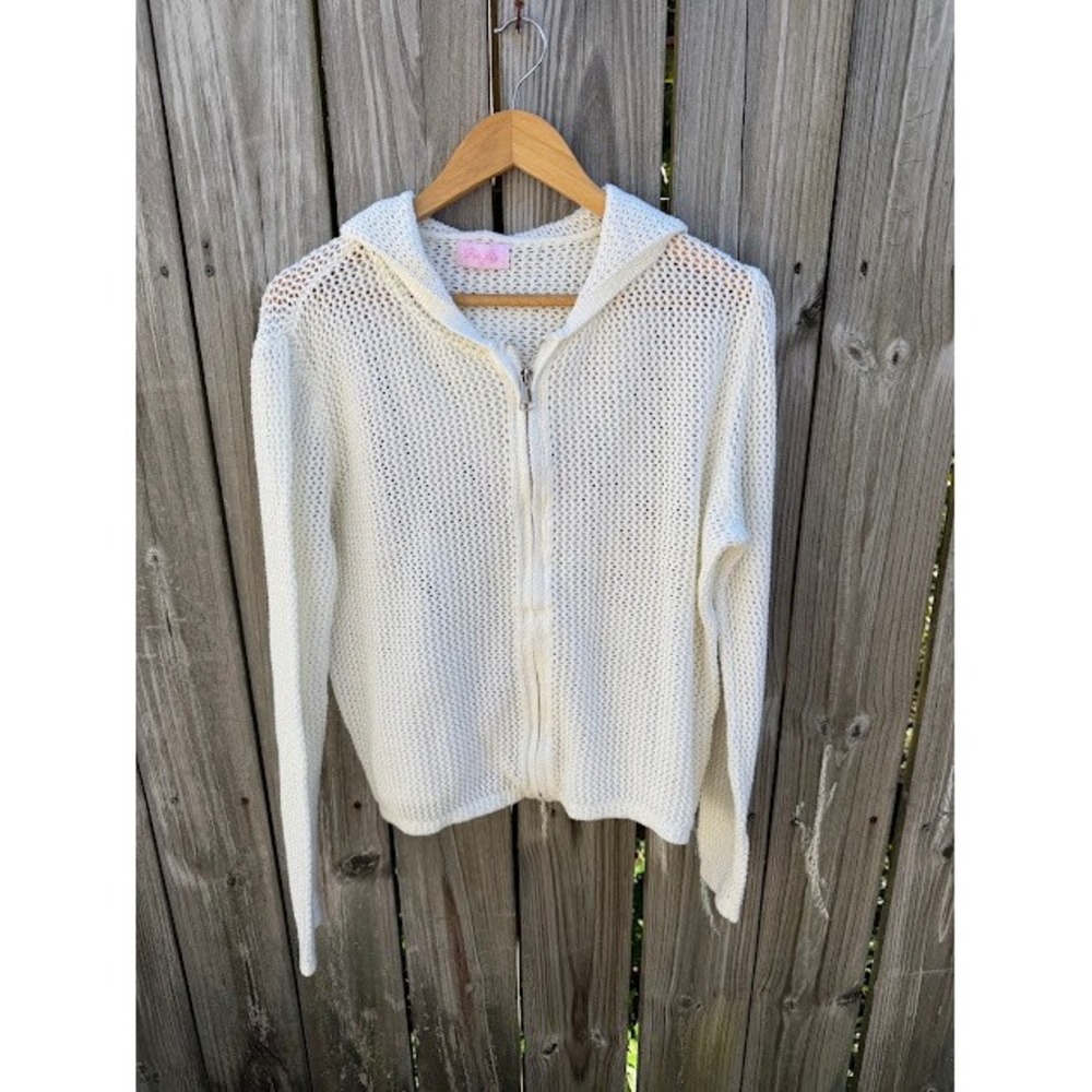Boho Coastal Pink Lily Open Knit Hoodie M White Zip Up Summer Light Sweater
